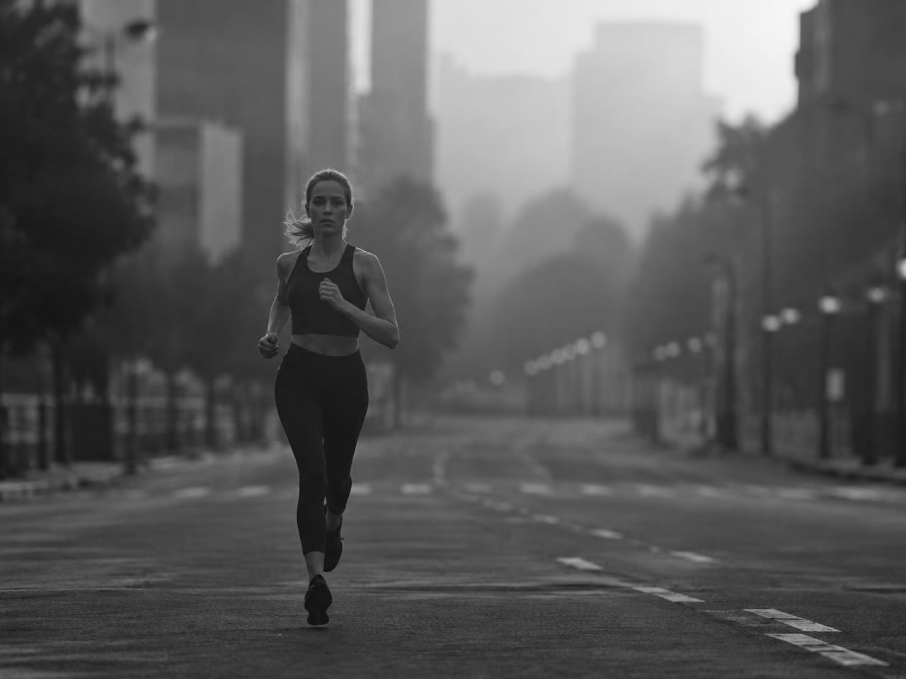 Runner on an empty city street at dawn